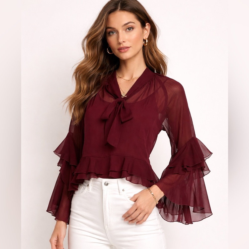 NWT LUCY PARIS Kyle Ruffle Blouse in Burgundy